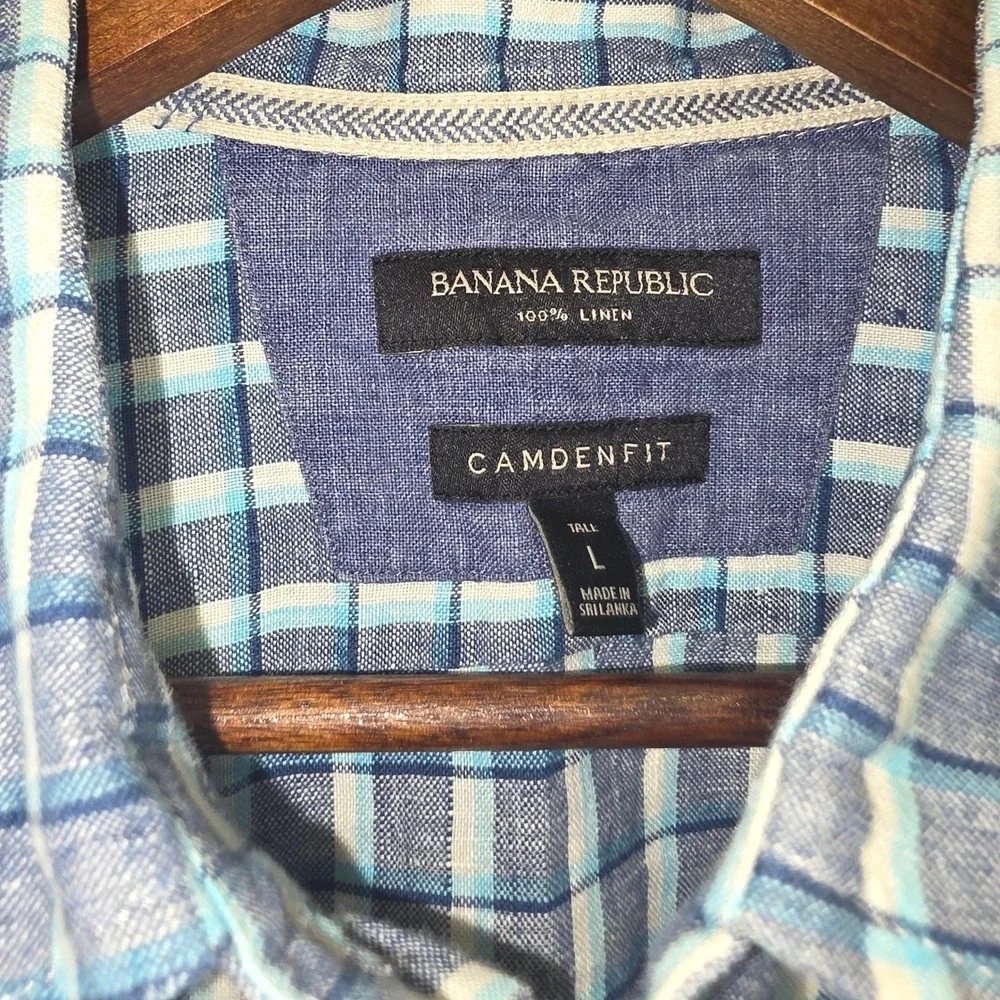 Banana Republic Linen‎ Shirt Camden Fit Plaid Short Sleeve Button Up Large